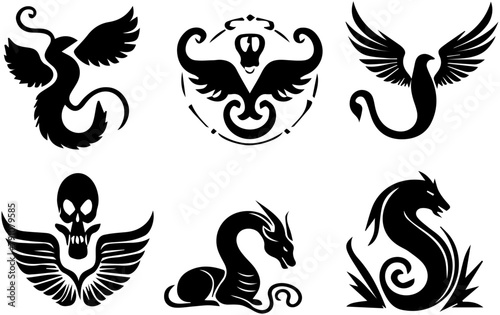 black and white tattoo, silhouette of dragon, bird, eagle