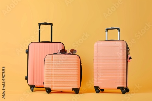 Tourist travel bags on a simple background summer season holiday vacation travelling exploring cultures countries luggage baggage travel agency trip journey tour concept sunbathing beach offshore photo