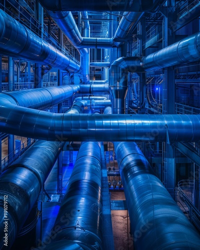 The intricate maze of industrial pipes glowing under blue lights at night, highlighting their cold, metallic surfaces