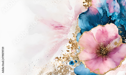elegant pink and blue flowers alcohol ink background with gold glitter elements