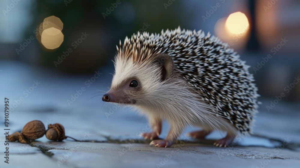A small white and brown hedgehog is standing on a sidewalk, eating some acorns A small white and brown hedgehog is standing on a sidewalk, eating some acorns