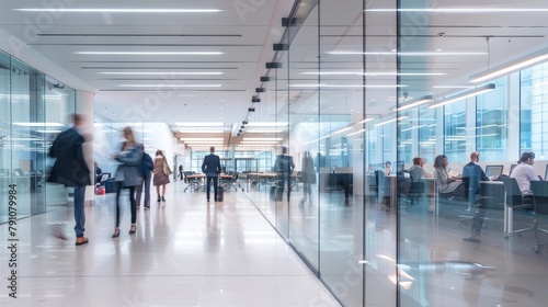 A group of individuals walking down a sleek modern office hallway with a glass wall during a busy workday photo