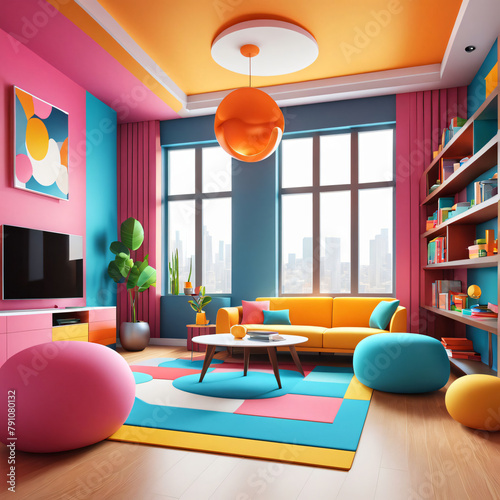3d cartoon living room interior design with sofa and couch, large window, pink yellow blue orange futuristic bold modern retro style plants pot wall art painting architectural visualization apartment