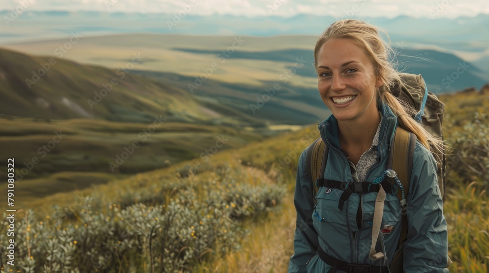 A blonde woman is smiling at the camera while carrying a backpack on a mountain trail