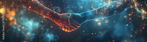 Two professionals engage in a digital handshake, symbolizing a network connection and the start of a new collaborative project