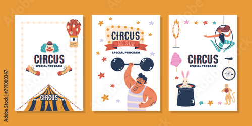 Vector Circus Themed Poster, Banner Or Flyer With Big Top Tent, Clown, Strongman, Aerial Gymnast And Rabbit In Hat