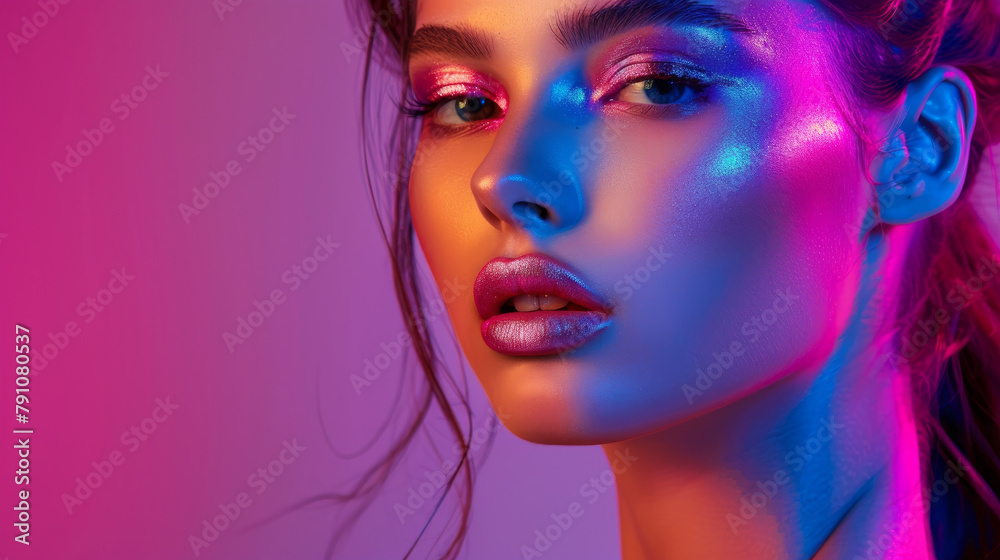 Primo piano delle labbra di una persona con un trucco al neon colorato sotto una luce intensa, Bella ragazza sexy, trucco luminoso alla moda, labbra d'argento metallico Primo piano delle labbra di una persona con un trucco al neon colorato sotto una luce intensa, Bella ragazza sexy, trucco luminoso alla moda, labbra d'argento metallico