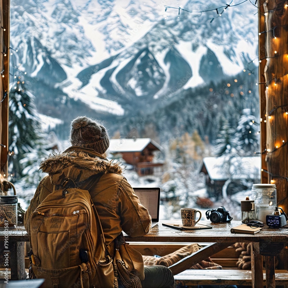 Fototapeta premium Latte and Laptops: A Digital Nomad’s Snowcapped Office