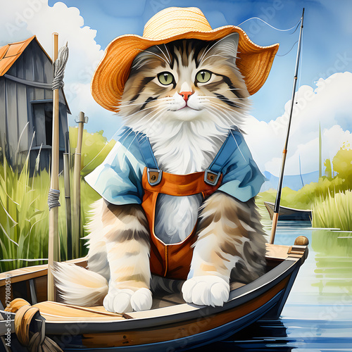 Vasily, the village cat, is quite the character. He can be seen strolling around with his fishing rod in one paw and a bucket in the other, ready to catch some fish for dinner. With his straw hat perc photo