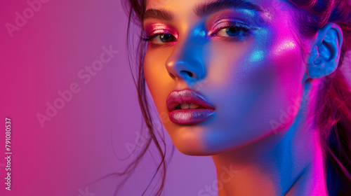 Primo piano delle labbra di una persona con un trucco al neon colorato sotto una luce intensa, Bella ragazza sexy, trucco luminoso alla moda, labbra d'argento metallico