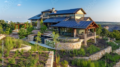 A panoramic view of a large house featuring a modern smart home design with a roof covered in solar panels