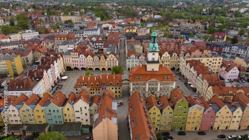 Panoramic aerial image of Jelenia Góra's market square and 18th-century town hall. © Grzegorz
