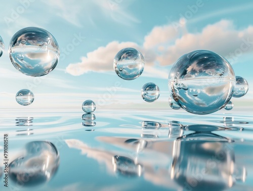 Water molecules visualized as suspended spheres in a serene setting, reflections creating a tranquil waterinspired artwork photo