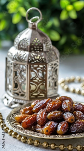 Plate with treats, decorative arabic lantern and rosary.