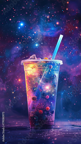 Cocktail in a glass on a background of cosmic space. © Alex