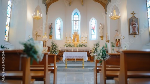 Interior attributes and furnishings of a catholic church for a comprehensive view