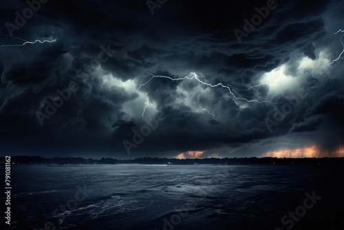 Lightning in the night sky over the sea. Nature composition.