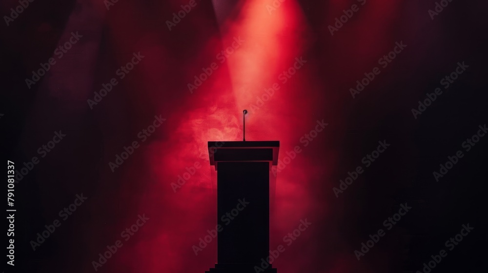 A red light shines from behind a podium, creating a striking silhouette against a dark background