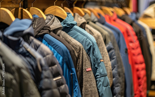 Close-up photo of rack of outerwear in store. Warm clothes on hangers