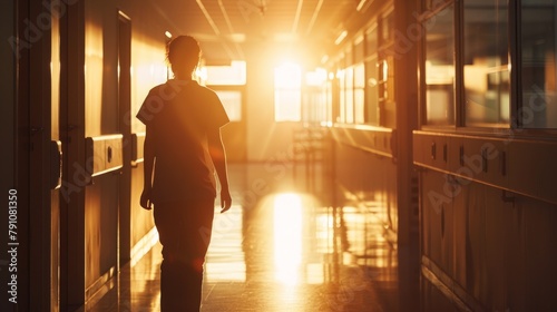 A silhouette of a registered nurse walking down a hospital hallway as sunlight streams in through the windows