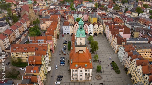 Drone shot showcasing Jelenia Góra's marketplace and historic town hall. © Grzegorz