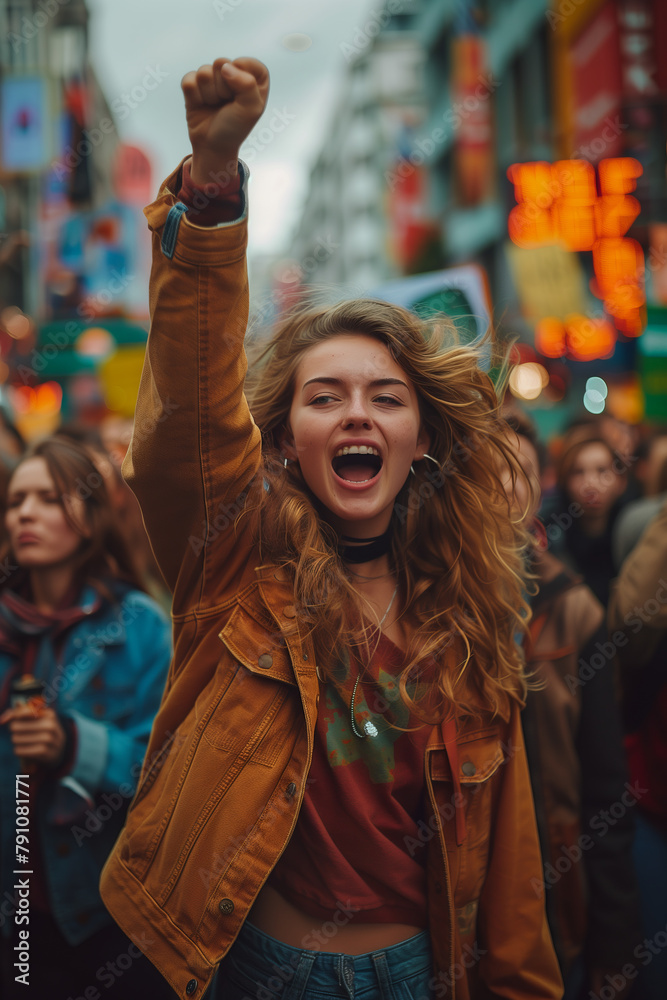 Fototapeta premium Young woman leads crowd in protest Shouting and raising fists in the street.