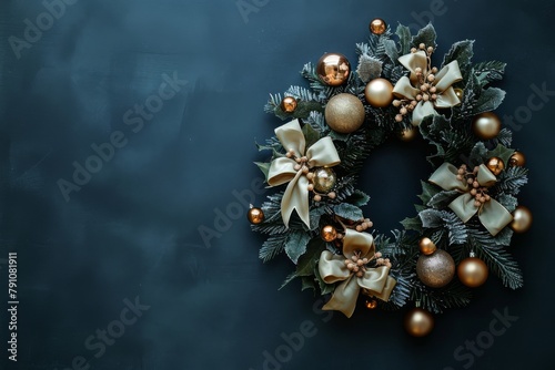 Festive Christmas Wreath Adorned With Golden Baubles and Pine Cones on a Dark Background