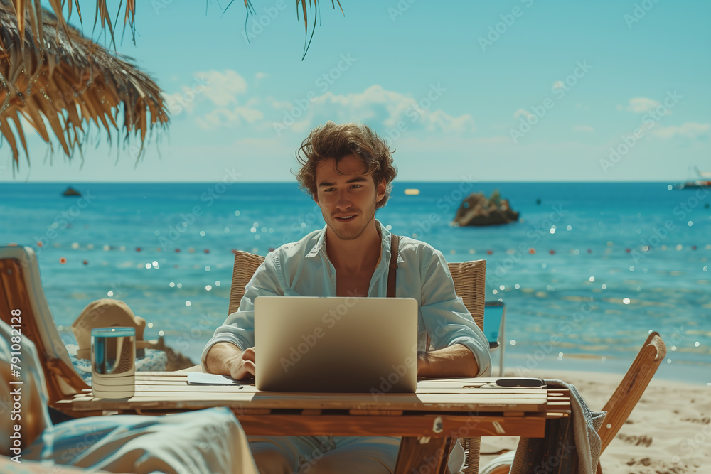 Caucasian man in casual clothes using laptop Working at a desk on the beach.