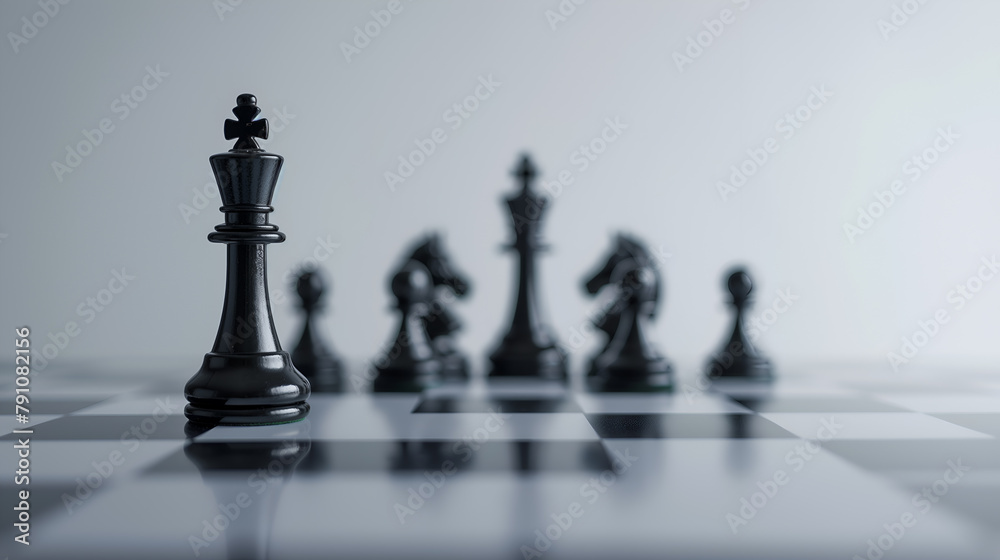 Chess game. Dramatic chessboard setup with focused light on the king. Chess strategy scene with pieces lined up in reflective surface. Contemplative game of chess displayed on glossy board Chess game. Dramatic chessboard setup with focused light on the king. Chess strategy scene with pieces lined up in reflective surface. Contemplative game of chess displayed on glossy board