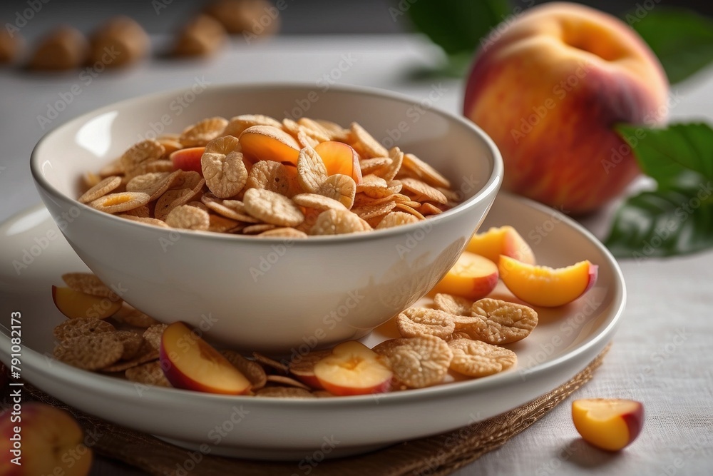 soft lighting of a breakfast with bowl of cereal with milk and pieces of fruit, suggesting a nutritious and refreshing morning meal soft lighting of a breakfast with bowl of cereal with milk and pieces of fruit, suggesting a nutritious and refreshing morning meal