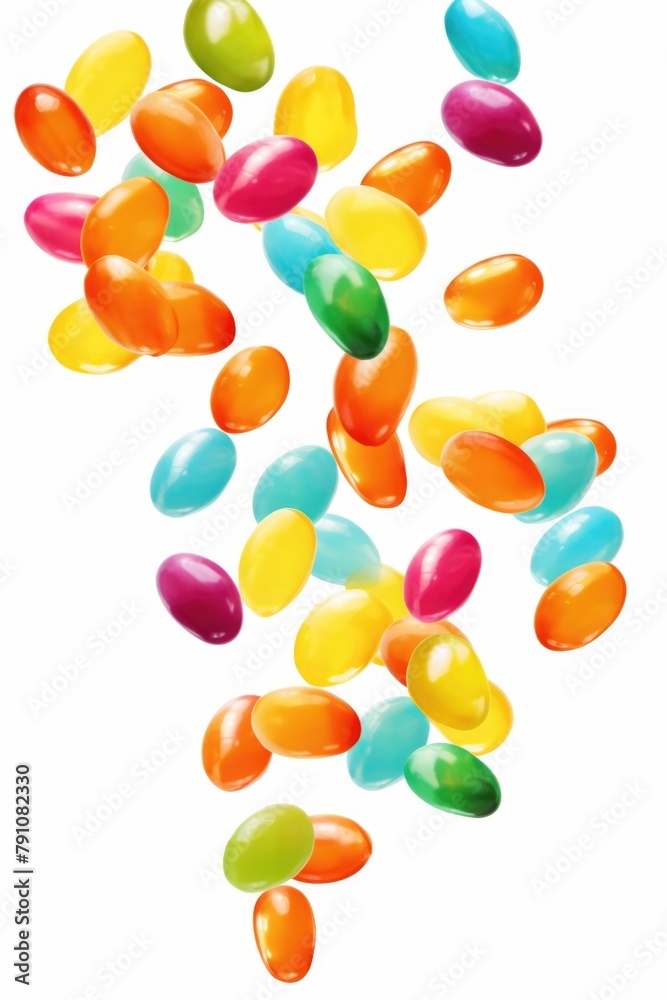 A bunch of colorful jelly beans are flying through the air