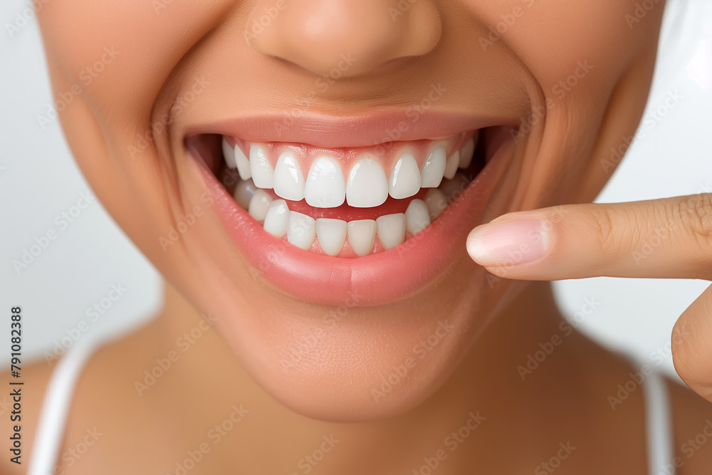 Closeup of woman smiling and pointing at teeth with finger on white background. Closeup of woman smiling and pointing at teeth with finger on white background.