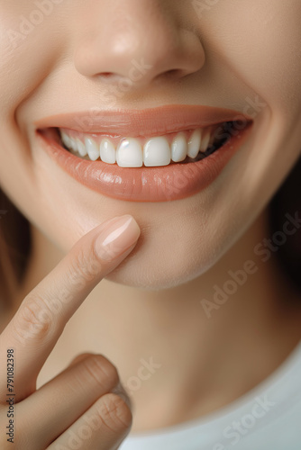 Closeup of woman smiling and pointing at teeth with finger on white background.