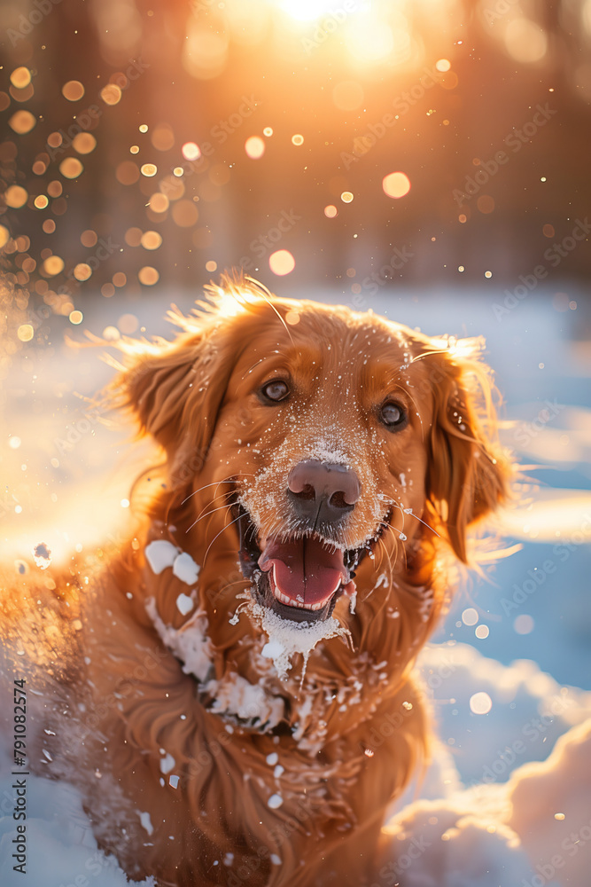 A dog is having fun playing in the snow.