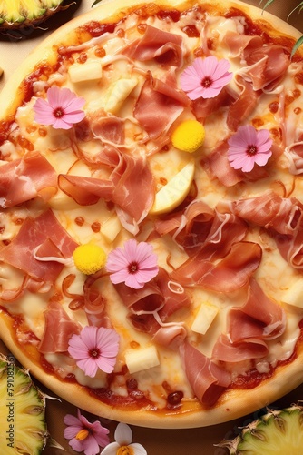 A pizza with ham and cheese and pink flowers on top