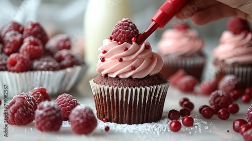   A cupcake being frosted with pink frosting Nearby, raspberries and more unsweetened cupcakes photo