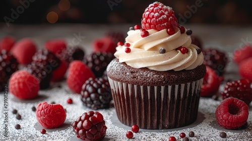  A tight shot of a cupcake, adorned with frosting and raspberries, atop a table, surrounded by additional raspberries