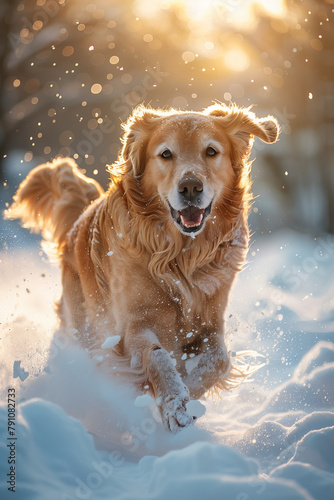 A dog is having fun playing in the snow.