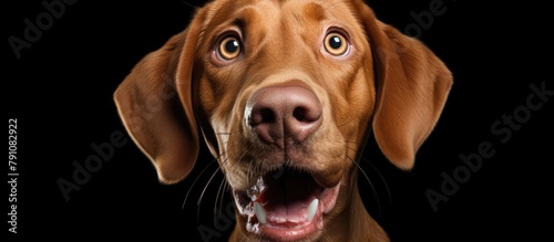 A brown dog with mouth wide open photo