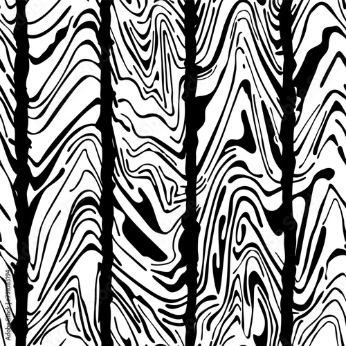 Seamless pattern with wood plank  texture - hand drawn black and white vector illustration.