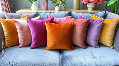   A blue couch with various-colored pillions atop it, backdrop of vases filled with flowers photo