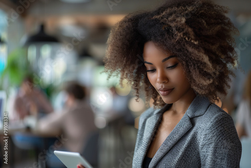 African American woman with afro hair holding a tablet while standing in front of people in the office.