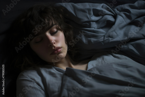 woman sleeping in bed at night, closeup portrait