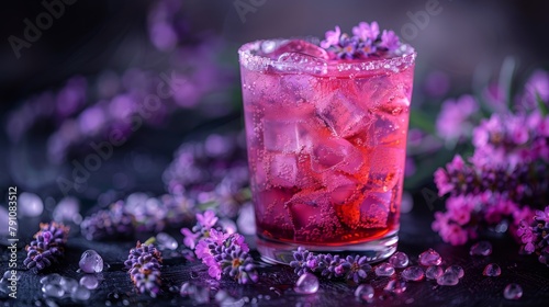   A tight shot of a drink in a glass, filled with ice and surrounded by purple flowers against a black table Water droplets adorn the rim