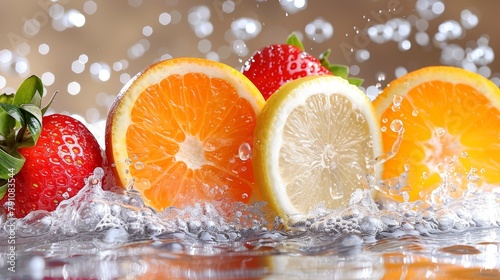   A cluster of oranges  strawberries  and strawberries plunging into a body of water  followed by water droplets