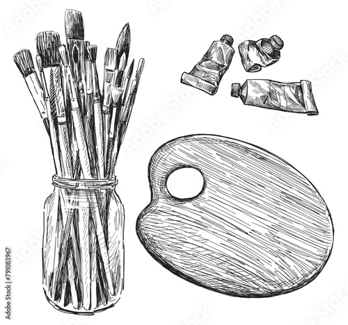 Paintbrushes, palette, paint tubes artistic oil painting tool objects  professional creative, set sketch black and white hand drawn vector illustration isolated on white