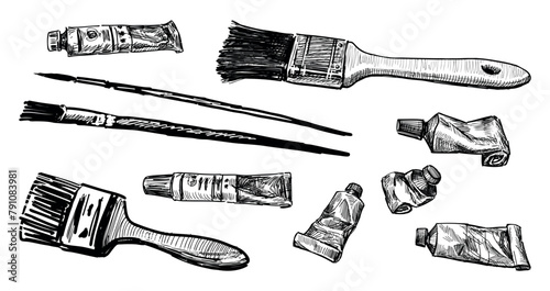 Paintbrushes,paint tubes artistic oil painting tool objects professional creative set sketch black and white hand drawn vector illustration isolated on white