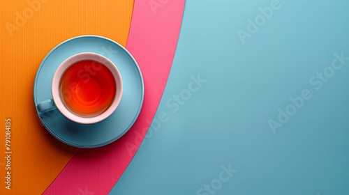  A blue saucer holds a steaming cup of tea nearby, against a multi-colored wall A separate cup with tea resides on the wall