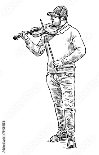 Violinist musician man busker music talent violin bow playing professional standing, sketch hand drawn vector drawing illustration isolated on white