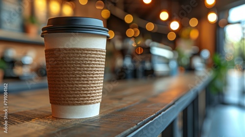  A cup of coffee atop a wooden table, near a window with hanging lights from the ceiling
